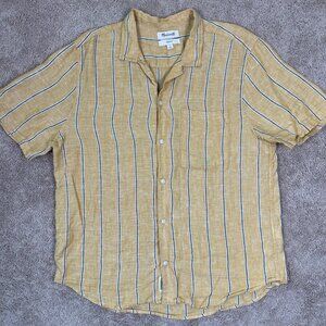 Madewell Yellow and Navy Striped Linen Short-Sleeve Button-Down Shirt